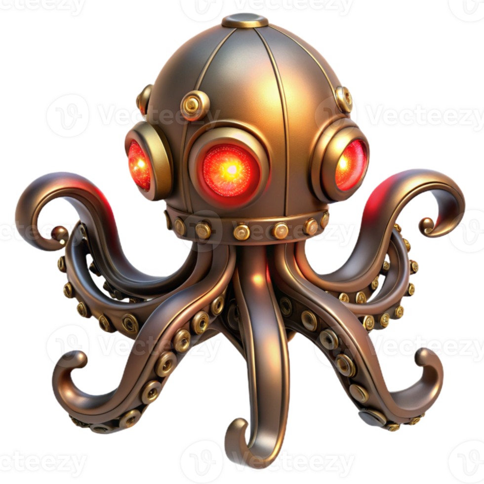 stunning artistic A steampunk octopus automaton, intricate brass tentacles, glowing red eyes, ominous lighting detailed png