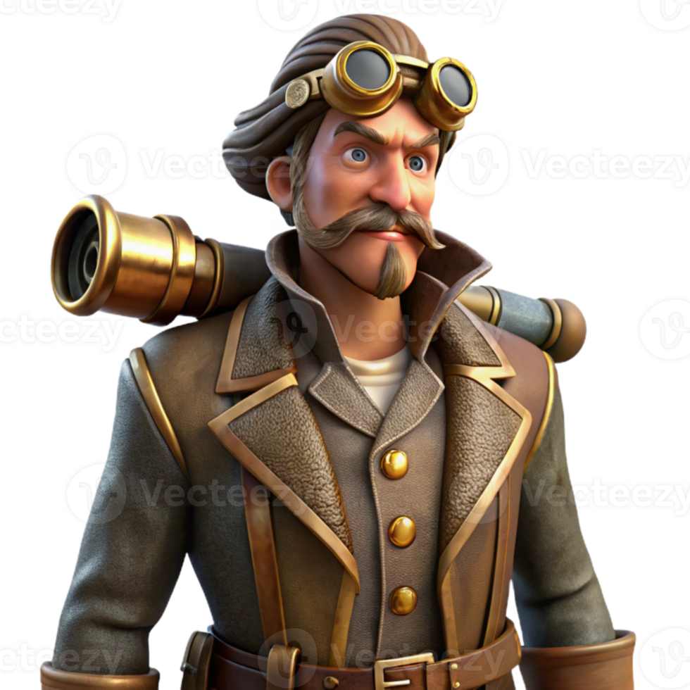 stunning minimalist A steampunk airship captain, weathered leather coat, brass spyglass, dramatic backlighting, portrait style premium png