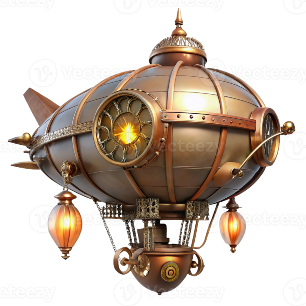 stunning rustic A majestic steampunk airship, copper and brass, intricate clockwork gears exposed, lit by warm, flickering gaslight, floating above a bustling city detailed png