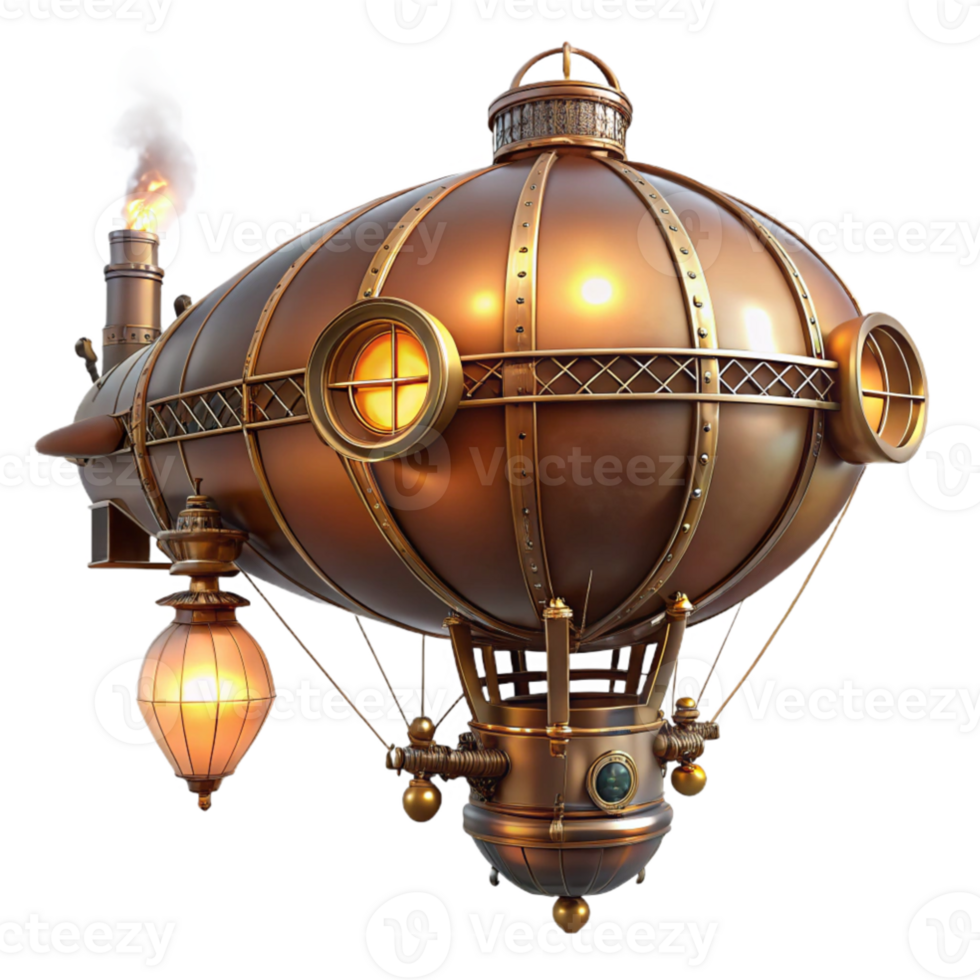 vibrant artistic A majestic steampunk airship, copper and brass, intricate clockwork gears exposed, lit by warm, flickering gaslight, floating above a bustling city genuine png
