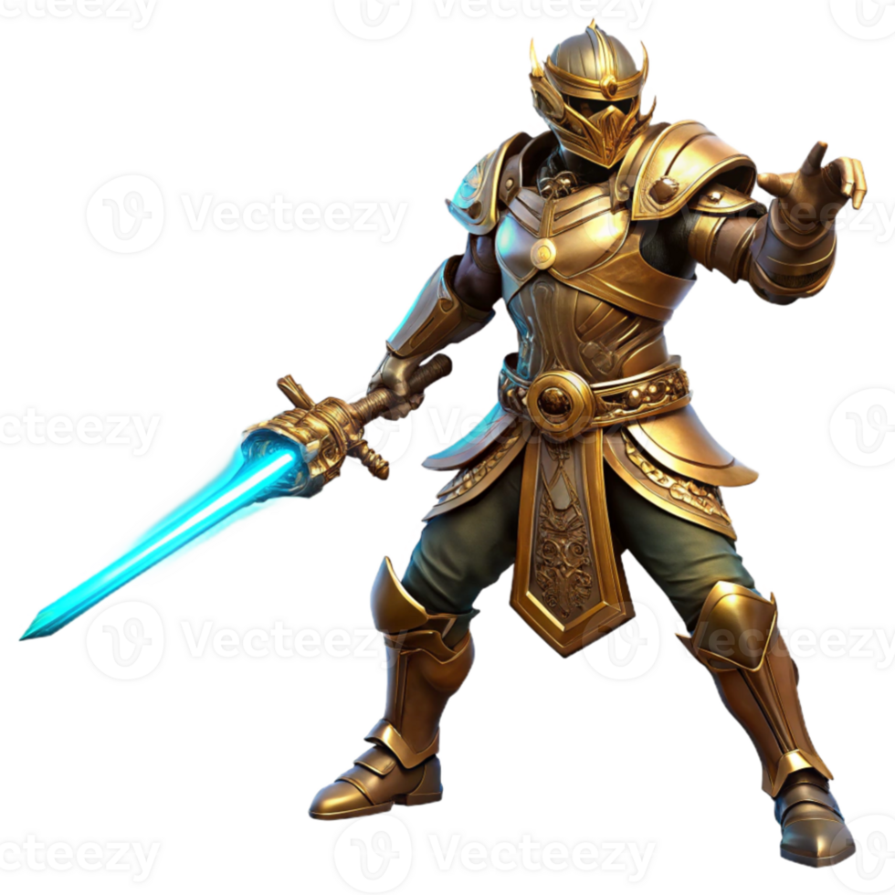 stunning abstract A lone steampunk warrior in ornate brass armor, wielding a glowing energy sword, dynamic pose, dramatic backlighting exclusive png