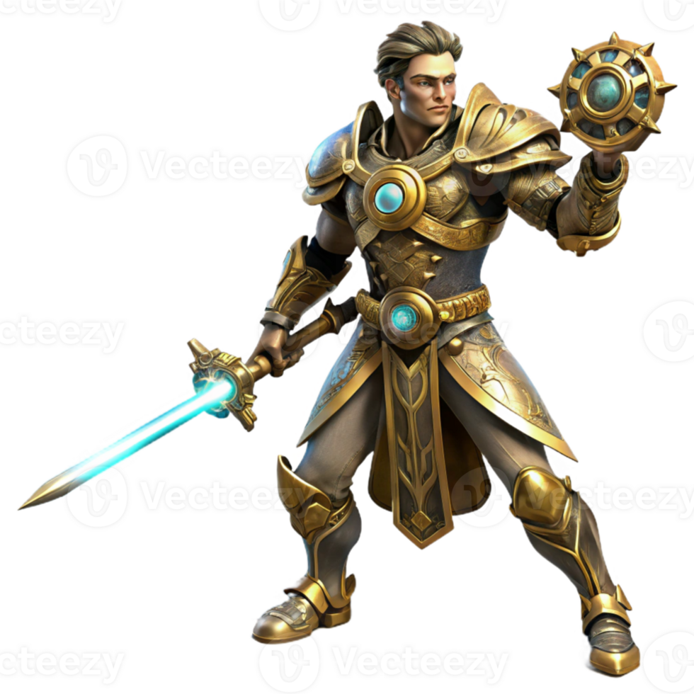 extraordinary rustic A lone steampunk warrior in ornate brass armor, wielding a glowing energy sword, dynamic pose, dramatic backlighting premium png