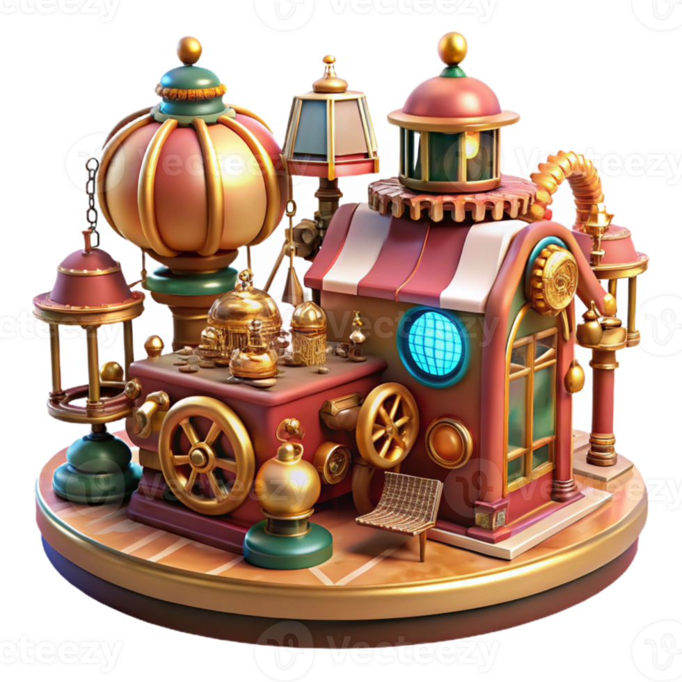 magnificent creative A bustling steampunk marketplace filled with intricate gadgets and automatons, warm, inviting lighting, vibrant colors, Art Nouveau style detailed png
