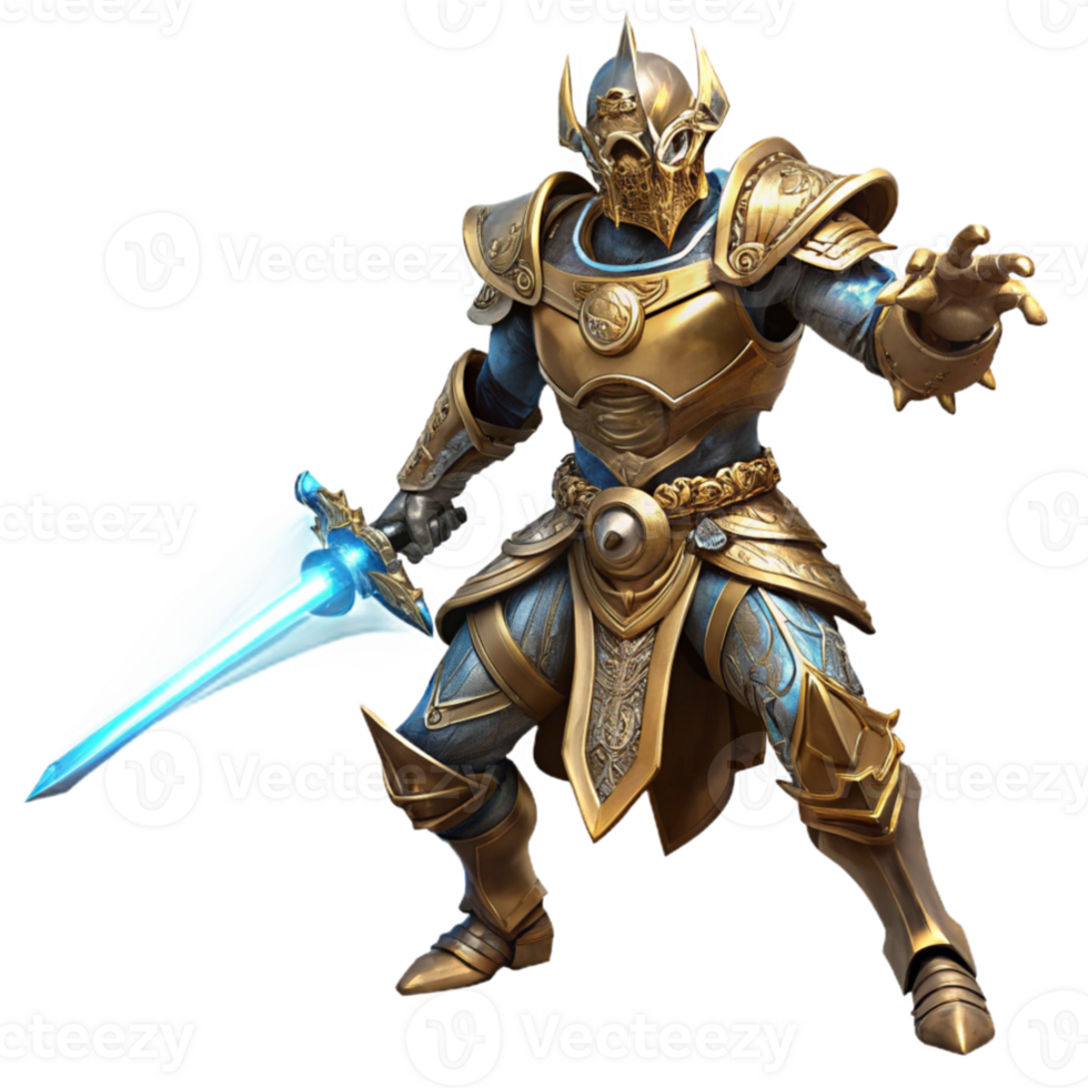 impressive traditional A lone steampunk warrior in ornate brass armor, wielding a glowing energy sword, dynamic pose, dramatic backlighting high resolution png