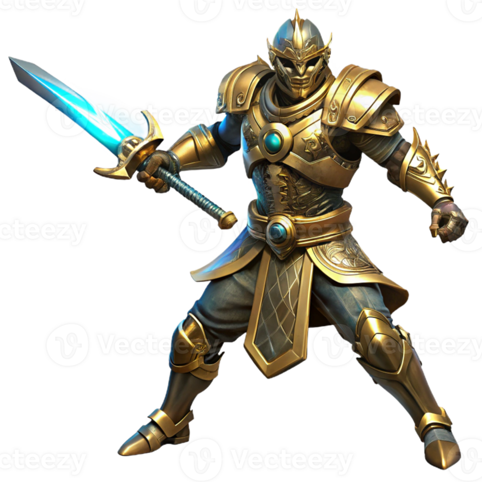 impressive contemporary A lone steampunk warrior in ornate brass armor, wielding a glowing energy sword, dynamic pose, dramatic backlighting authentic png