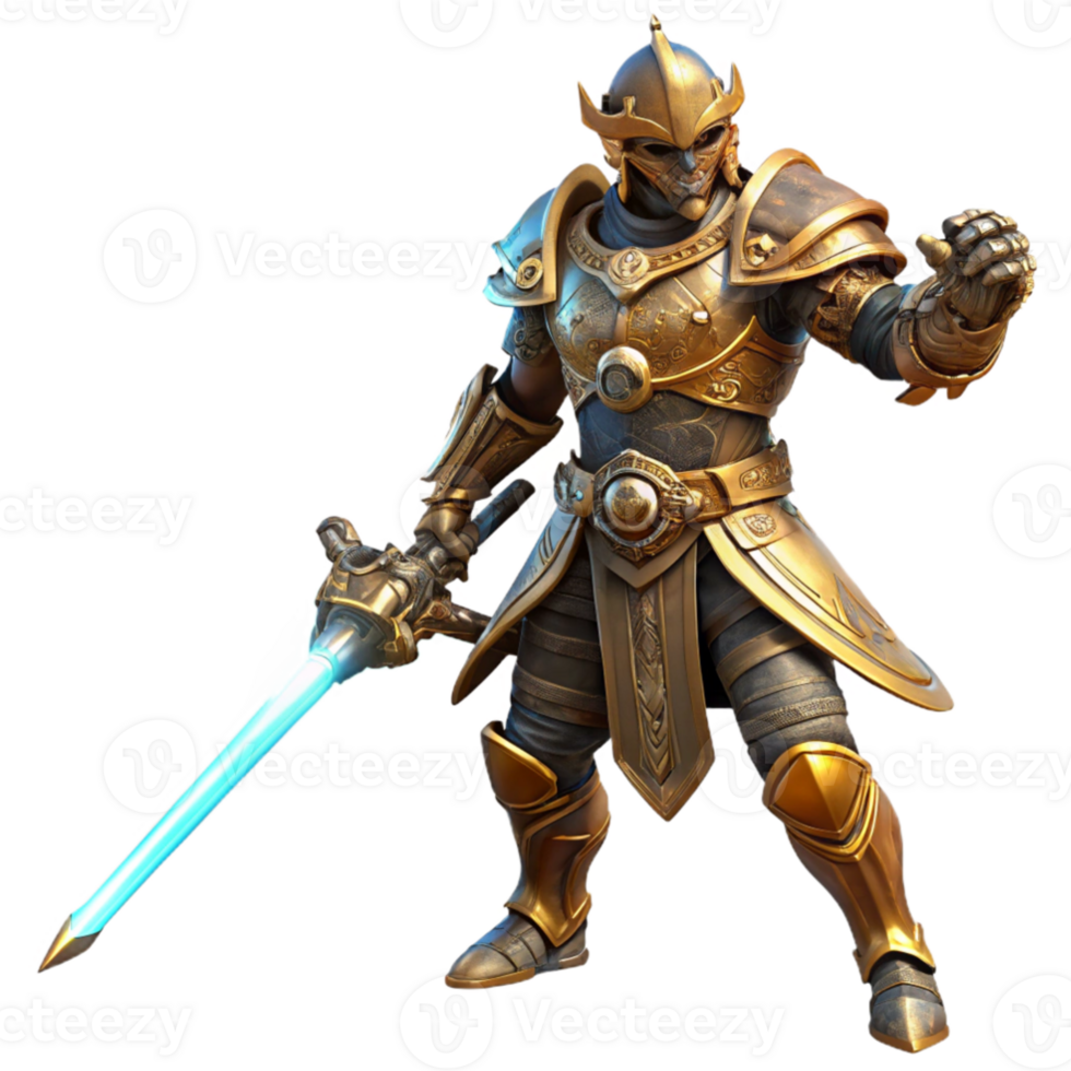 wonderful modern A lone steampunk warrior in ornate brass armor, wielding a glowing energy sword, dynamic pose, dramatic backlighting 4K png