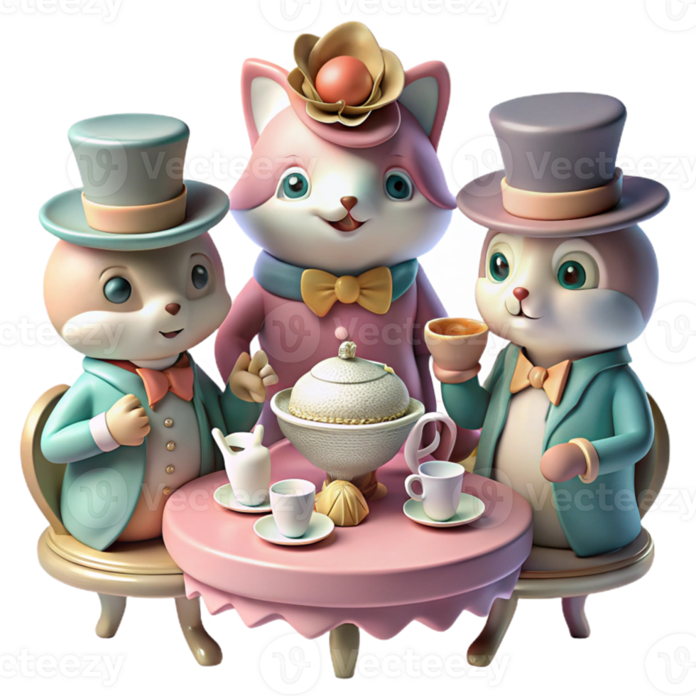 magnificent artistic A whimsical steampunk tea party with anthropomorphic animals in Victorian attire, soft, diffused lighting, pastel color palette 4K png