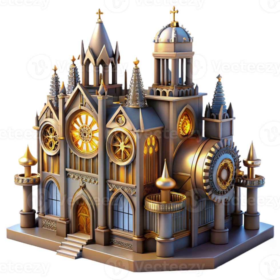 vibrant abstract A majestic steampunk cathedral with stained glass windows depicting gears and automatons, ethereal, otherworldly lighting high quality png