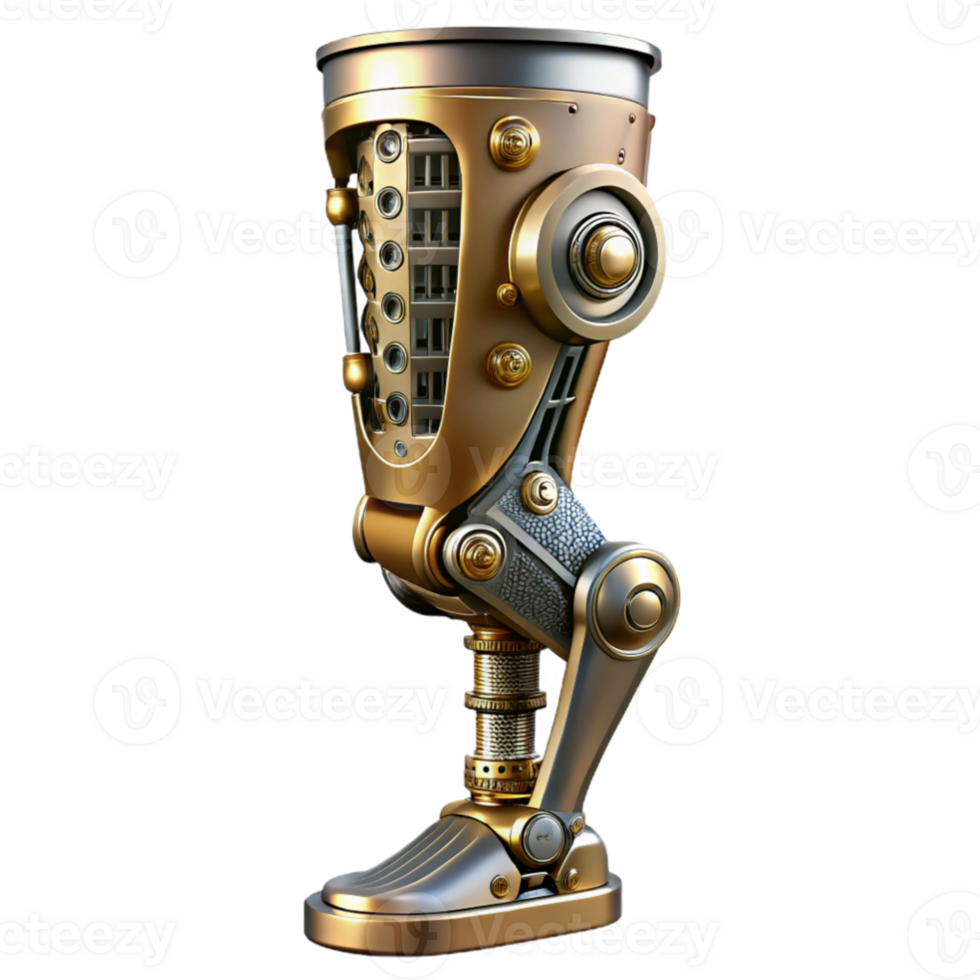 wonderful abstract A close up of a steampunk prosthetic leg with intricate clockwork mechanisms, metallic textures, cool, clinical lighting premium png