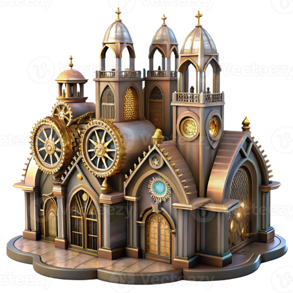 elegant minimalist A majestic steampunk cathedral with stained glass windows depicting gears and automatons, ethereal, otherworldly lighting premium png