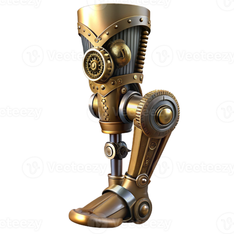 extraordinary classic A close up of a steampunk prosthetic leg with intricate clockwork mechanisms, metallic textures, cool, clinical lighting professional png