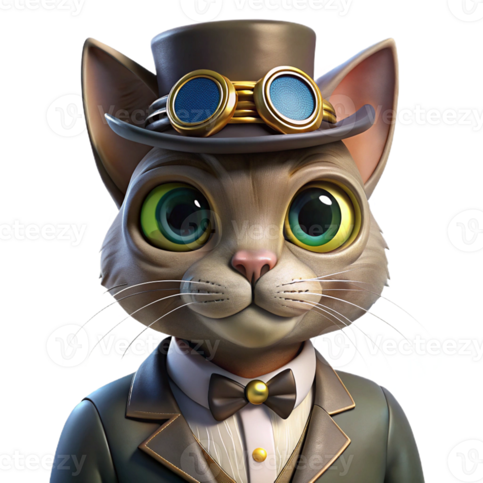 serene creative A portrait of a steampunk cat wearing a monocle and a top hat, warm, Rembrandt lighting, painterly style high quality png
