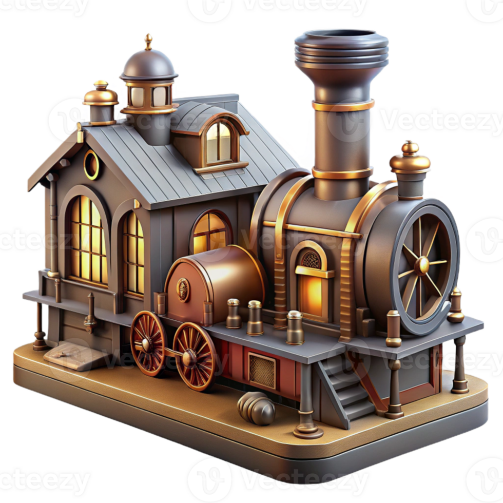 stunning rustic A bustling steampunk train station with intricate ironwork and steam powered machinery, warm, industrial lighting, Art Deco style high resolution png