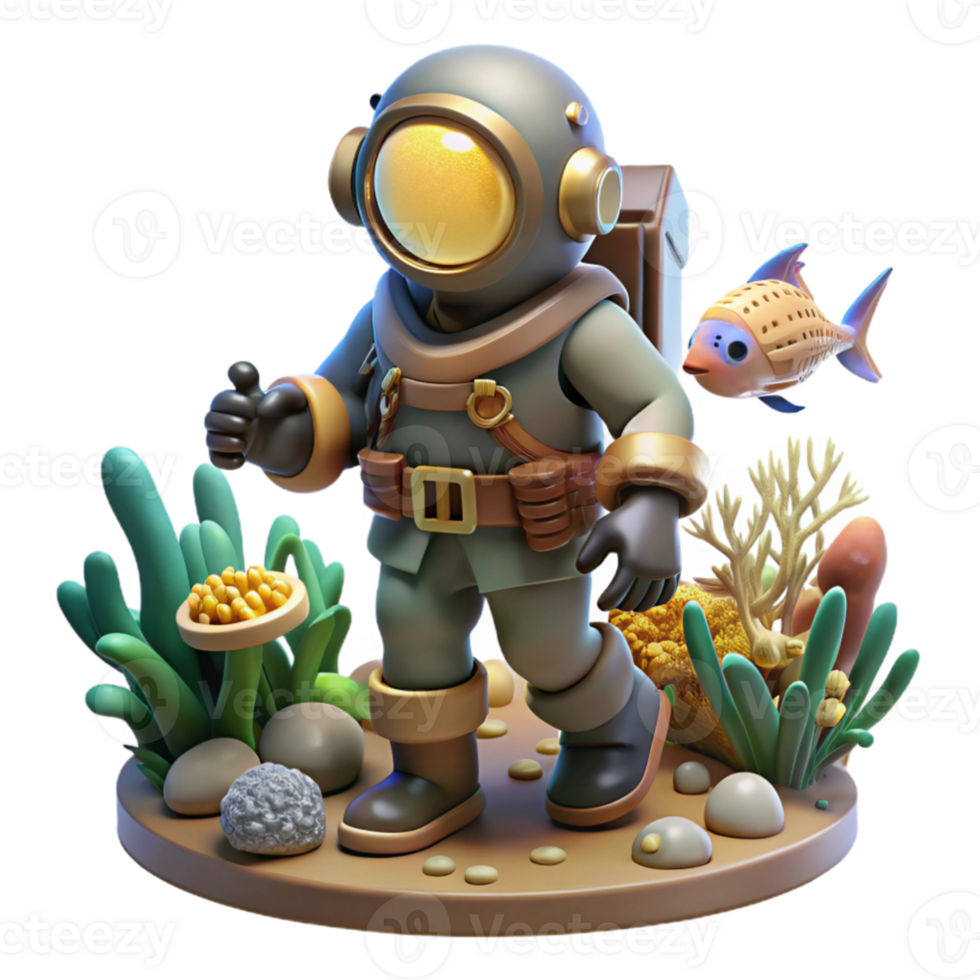 dramatic modern A dramatic scene of a steampunk diver exploring a coral reef in a diving suit with brass accents, underwater lighting, bioluminescent elements genuine png