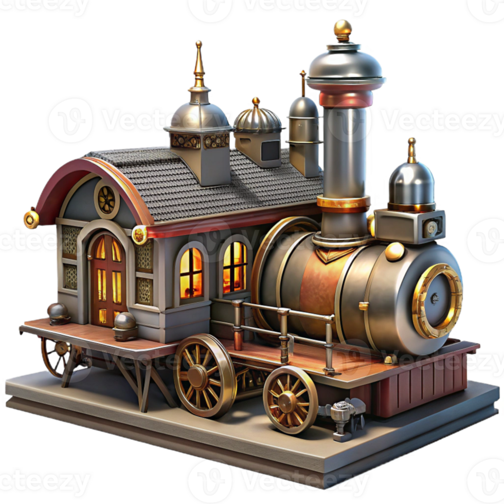 wonderful classic A bustling steampunk train station with intricate ironwork and steam powered machinery, warm, industrial lighting, Art Deco style original png