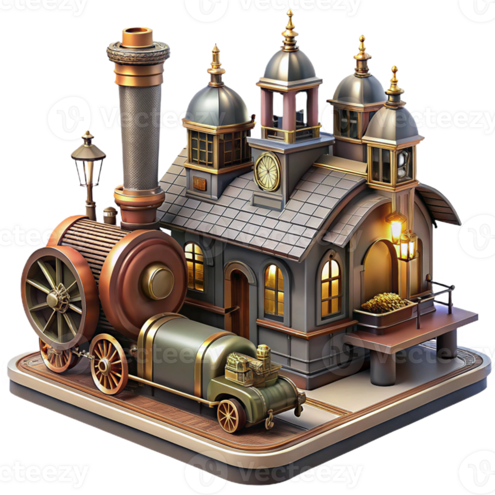 wonderful artistic A bustling steampunk train station with intricate ironwork and steam powered machinery, warm, industrial lighting, Art Deco style genuine png