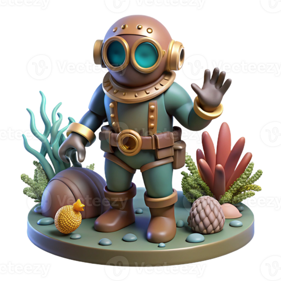 impressive rustic A dramatic scene of a steampunk diver exploring a coral reef in a diving suit with brass accents, underwater lighting, bioluminescent elements authentic png