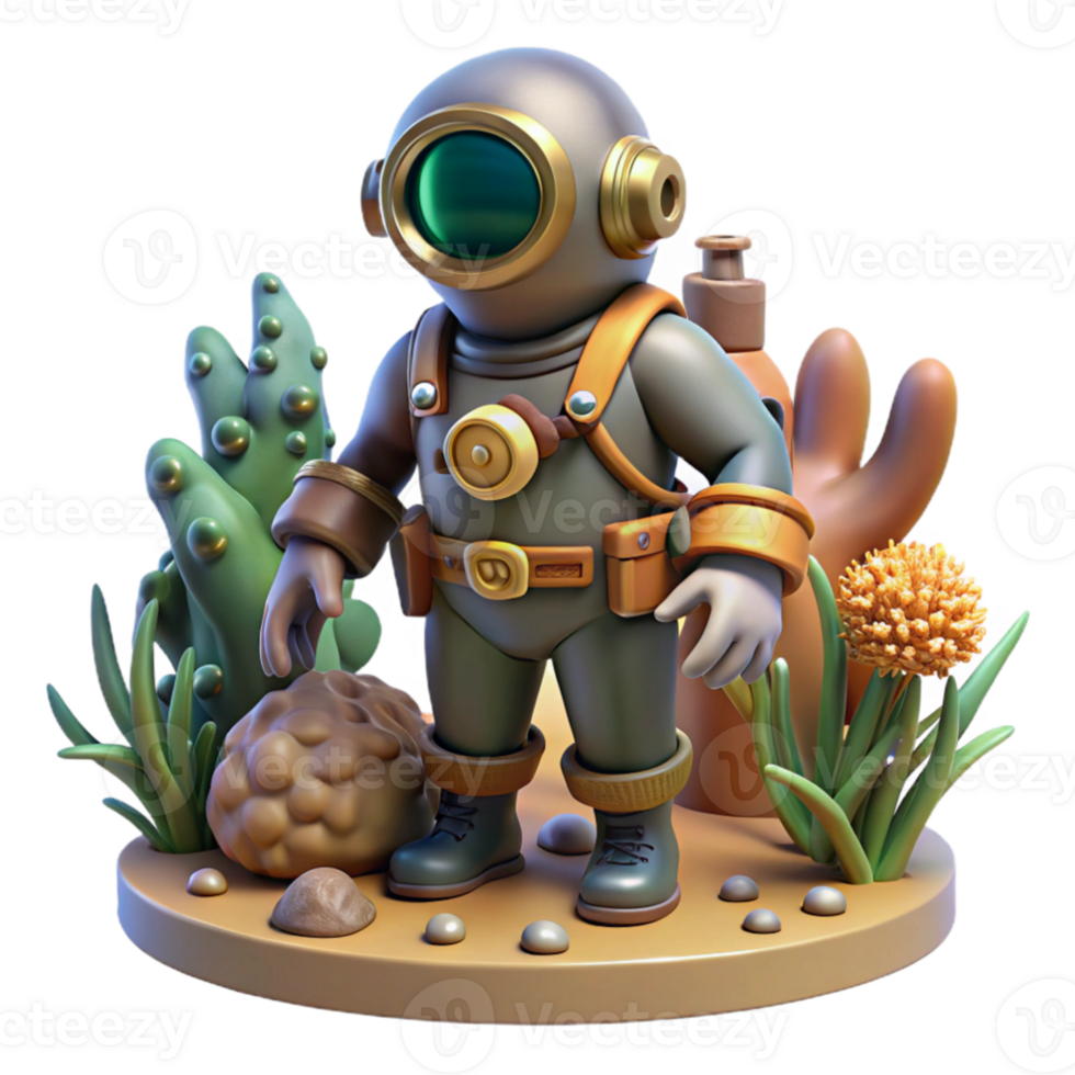wonderful contemporary A dramatic scene of a steampunk diver exploring a coral reef in a diving suit with brass accents, underwater lighting, bioluminescent elements genuine png
