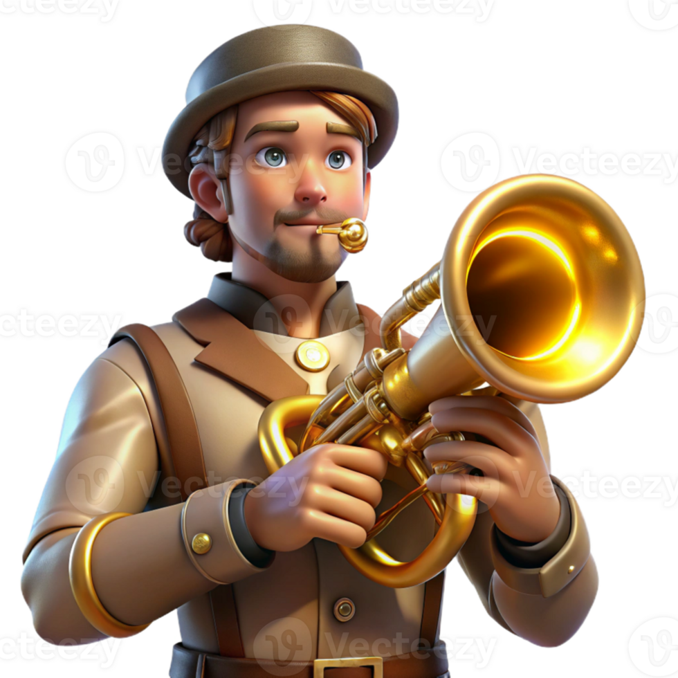 elegant vintage A portrait of a steampunk musician playing a brass instrument with glowing valves, warm, stage lighting, Art Nouveau style authentic png