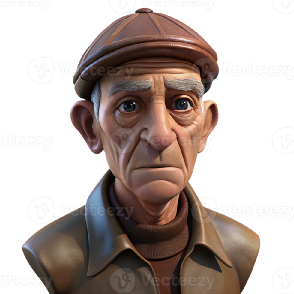 impressive minimalist Portrait of an elderly man with deep wrinkles and a wise gaze, wearing a worn leather aviator cap, illuminated by dramatic chiaroscuro lighting, in a gritty photorealistic... png