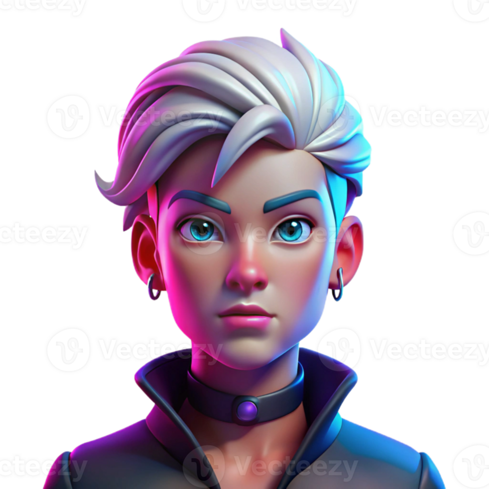beautiful artistic A portrait of a nonbinary person with short, bleached blonde hair, multiple facial piercings, and a defiant expression, lit by neon pink and blue lights, cyberpunk style... png