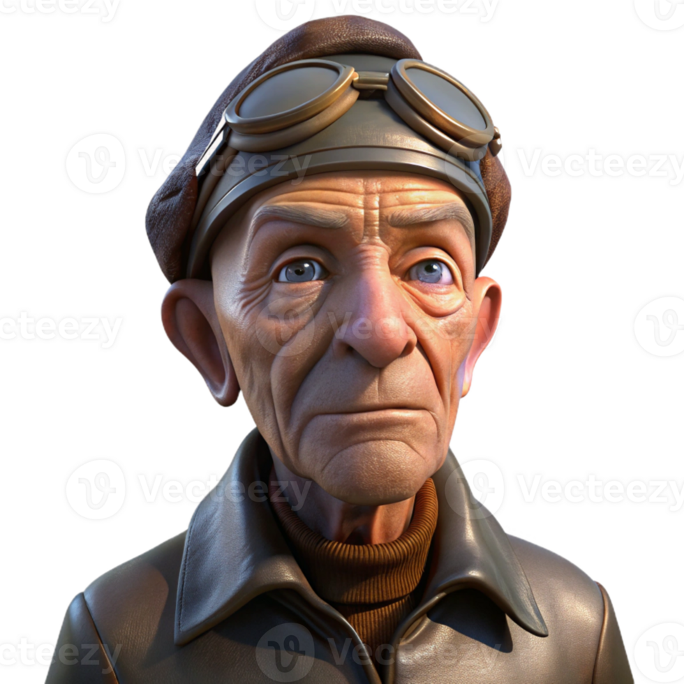 stunning minimalist Portrait of an elderly man with deep wrinkles and a wise gaze, wearing a worn leather aviator cap, illuminated by dramatic chiaroscuro lighting, in a gritty photorealistic... png