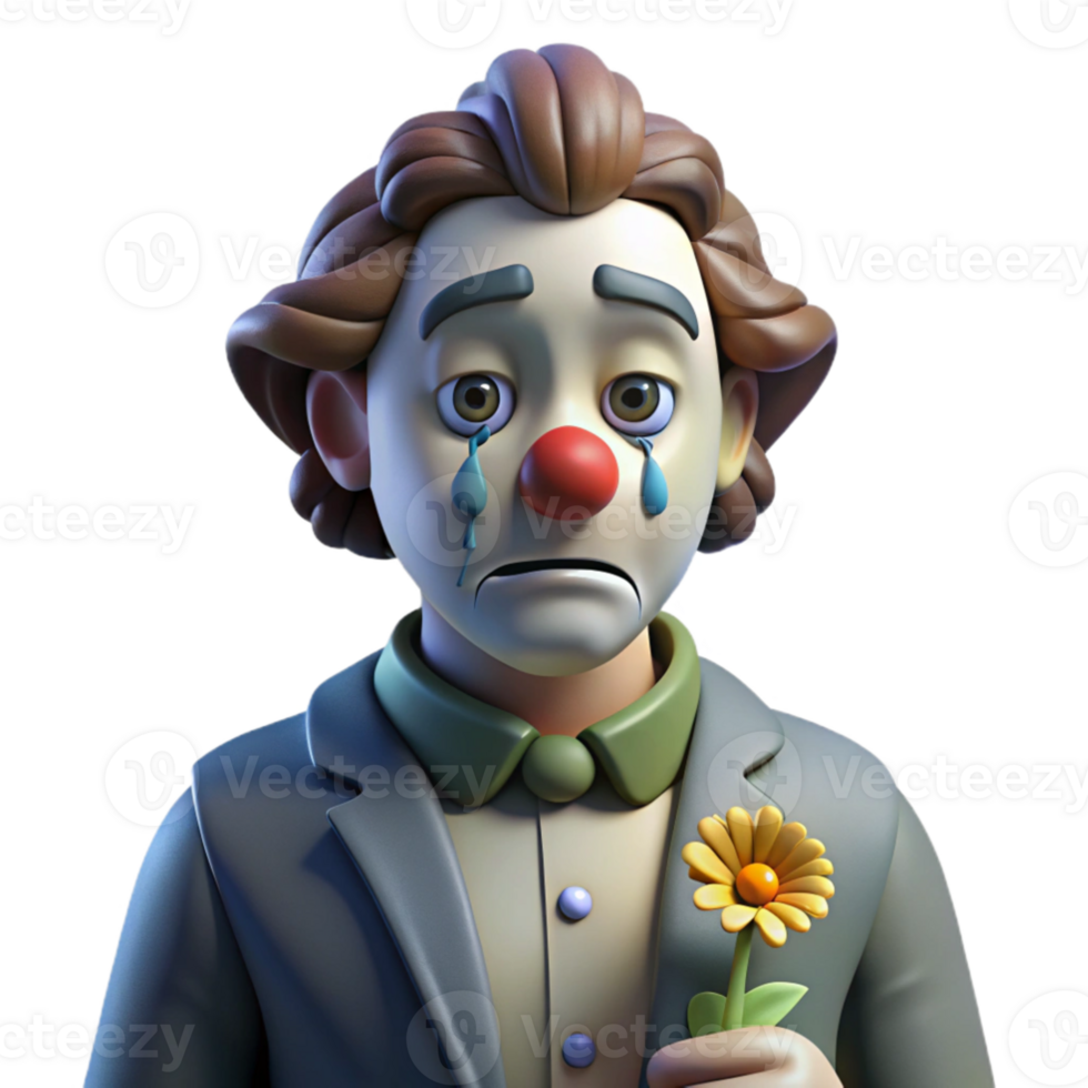 serene abstract A portrait of a melancholic clown with smeared makeup, a single tear rolling down their cheek, and a wilted flower in their hand, lit by dim, cool light, in a dark, surrealist... png