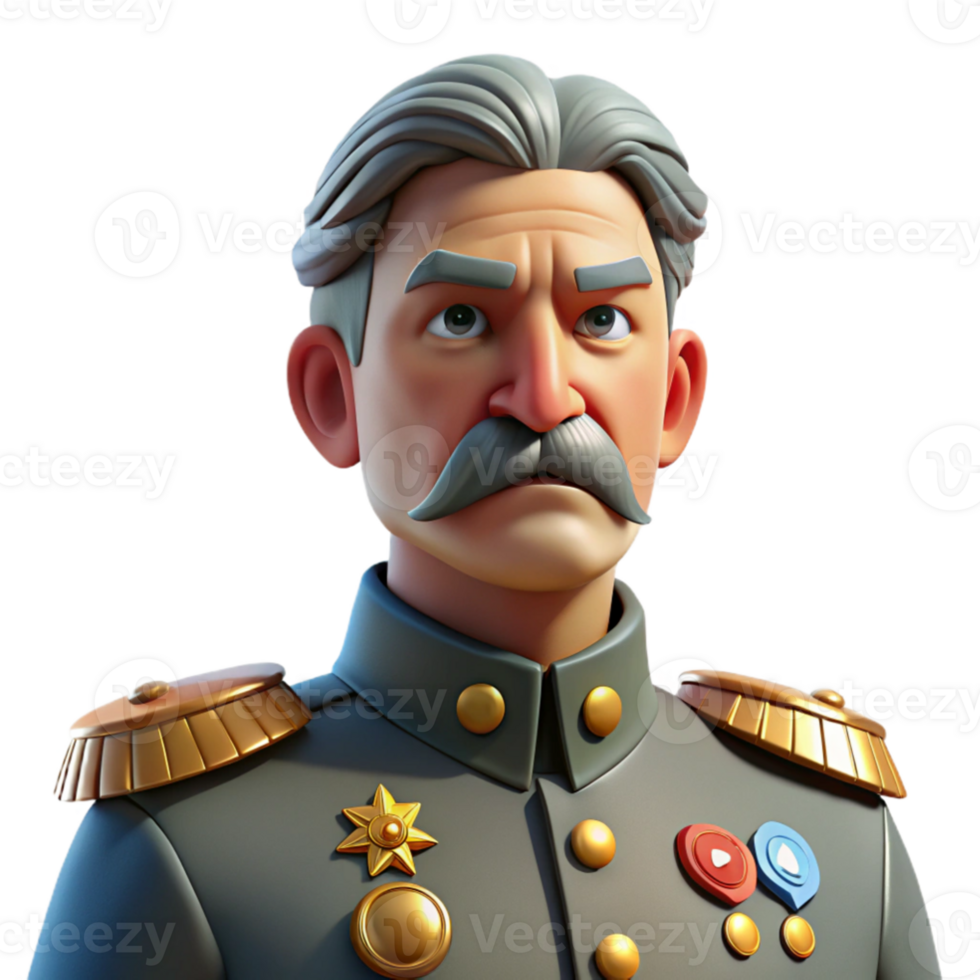 stunning minimalist A portrait of a stern faced general with a distinguished grey mustache, numerous medals pinned to their uniform, and a resolute gaze, lit by harsh, direct light, in a... png