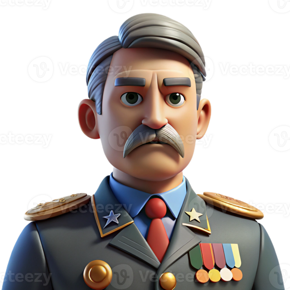 vibrant artistic A portrait of a stern faced general with a distinguished grey mustache, numerous medals pinned to their uniform, and a resolute gaze, lit by harsh, direct light, in a... png