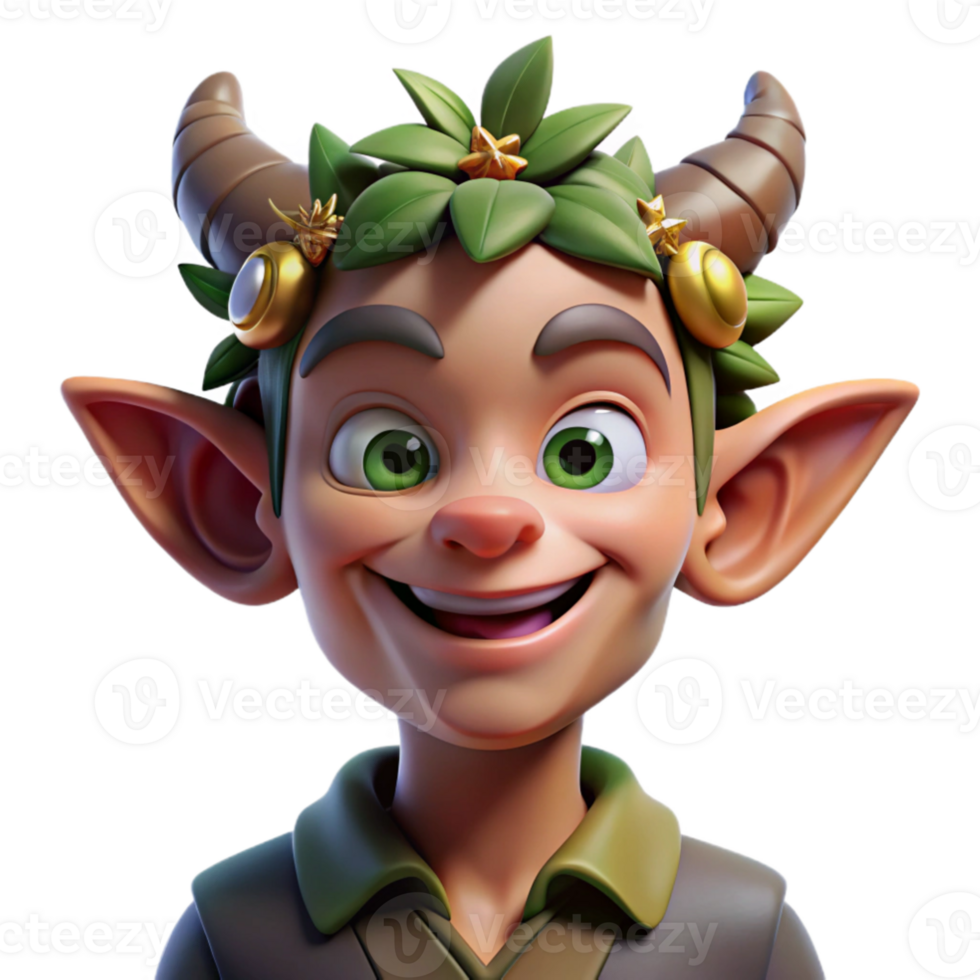 vibrant abstract A portrait of a mischievous satyr with pointed ears, a sly grin, and a crown of ivy, lit by dappled sunlight filtering through trees, in a whimsical, fantasy illustration style... png