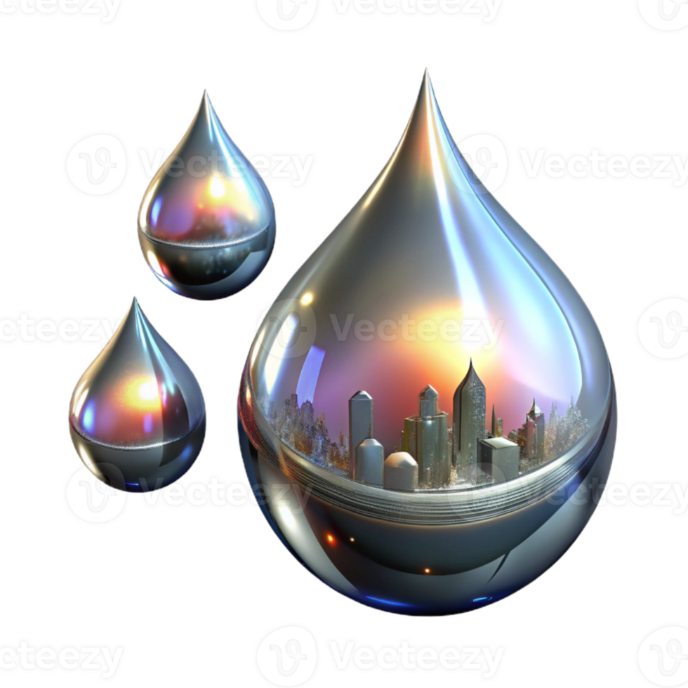 beautiful contemporary Liquid mercury droplets, suspended in mid air, reflecting distorted images of a fragmented, neon cityscape, lit by a cool, metallic light authentic png