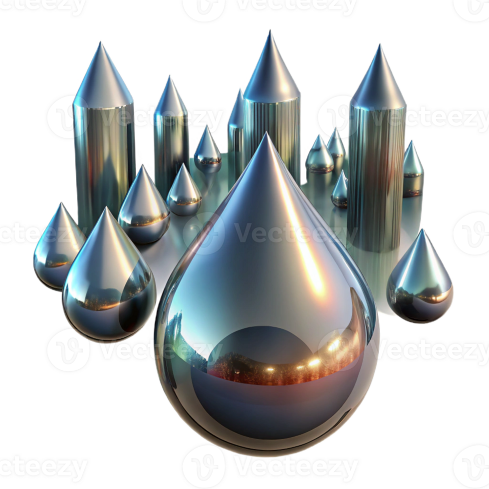 beautiful modern Liquid mercury droplets, suspended in mid air, reflecting distorted images of a fragmented, neon cityscape, lit by a cool, metallic light original png