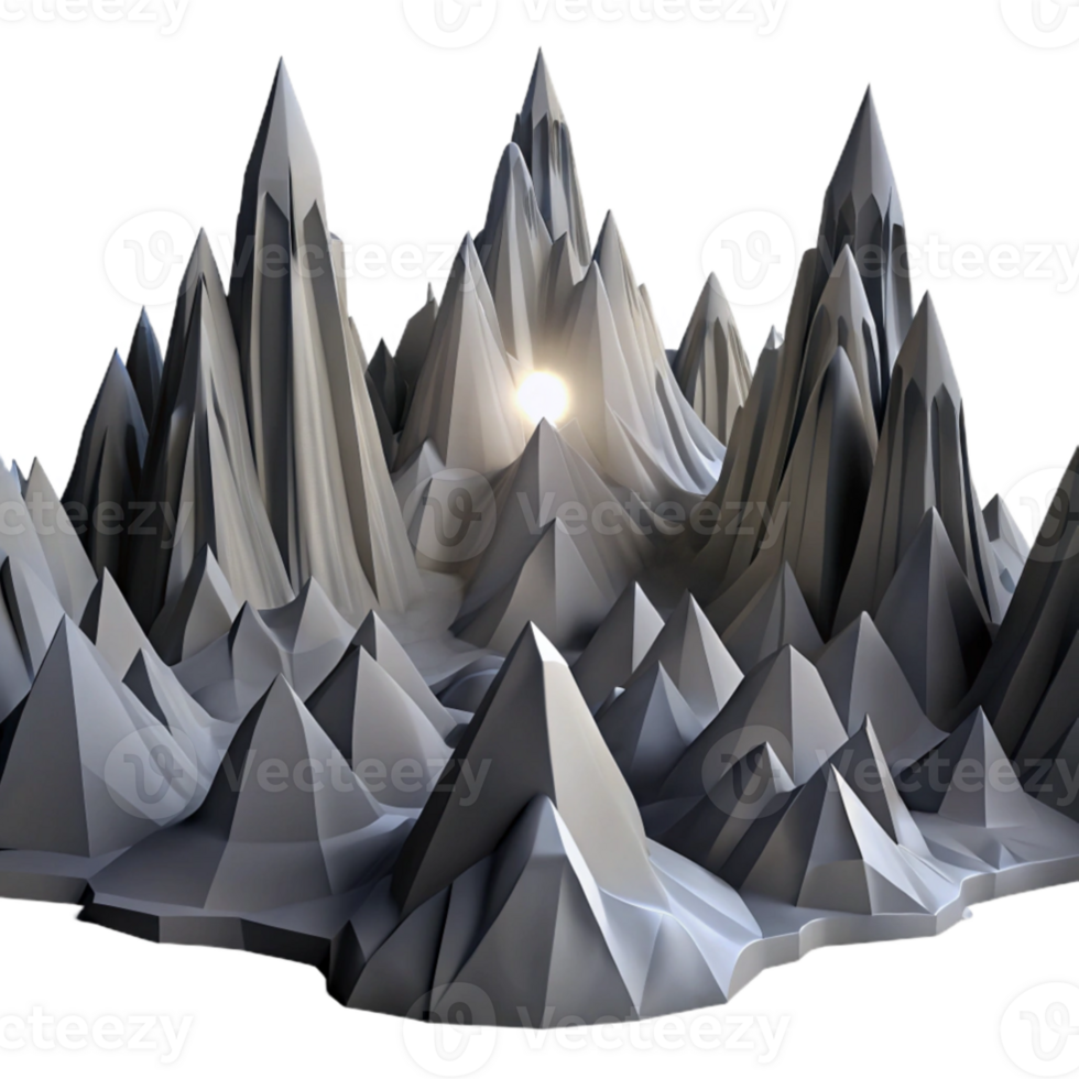 serene modern A dynamic, fractal landscape of jagged peaks and valleys, rendered in shades of deep grey and black, illuminated by a single, piercing ray of white light premium png