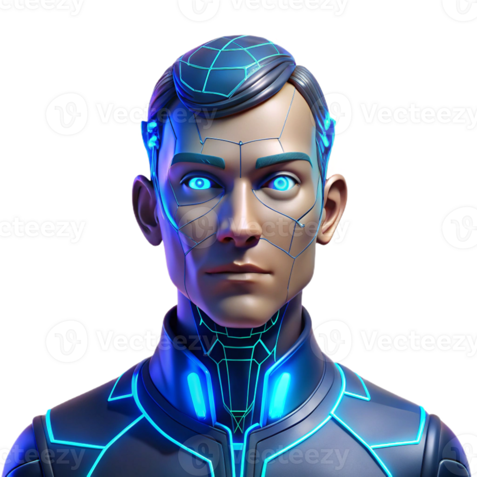 dramatic classic Portrait of a cyborg with glowing blue circuitry beneath translucent skin, half their face organic and half mechanical, sharp focus, cyberpunk style, neon lighting genuine png