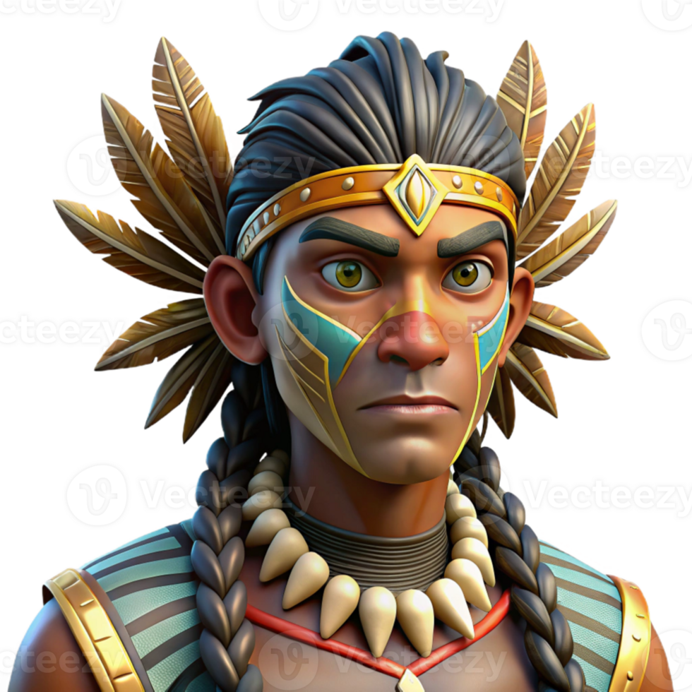 vibrant creative Portrait of a tribal warrior adorned with vibrant face paint and feathers, intense expression, dramatic spotlighting, digital painting style high resolution png