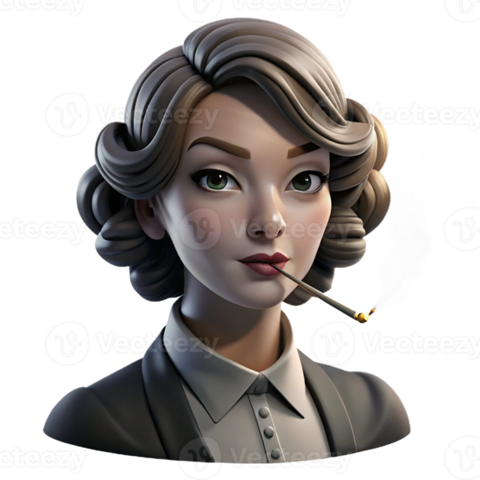 vibrant modern Portrait of a glamorous film star from the 1920s, with finger waves in her hair, dark lipstick, and a long cigarette holder. Soft, diffused lighting with a smoky atmosphere.... png