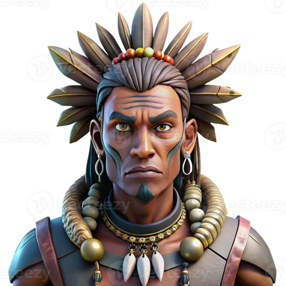extraordinary vintage Portrait of a tribal warrior with intricate facial tattoos and piercings, wearing a headdress of feathers and bone. Strong, directional lighting.... png