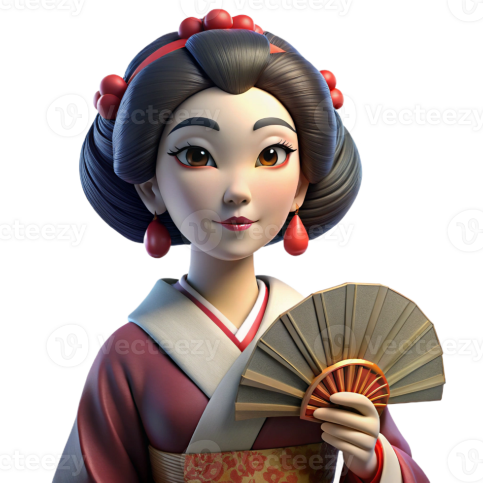 dramatic modern Portrait of a beautiful geisha with elaborate makeup and a traditional kimono, holding a fan. Soft, diffused lighting. Japanese woodblock print style genuine png