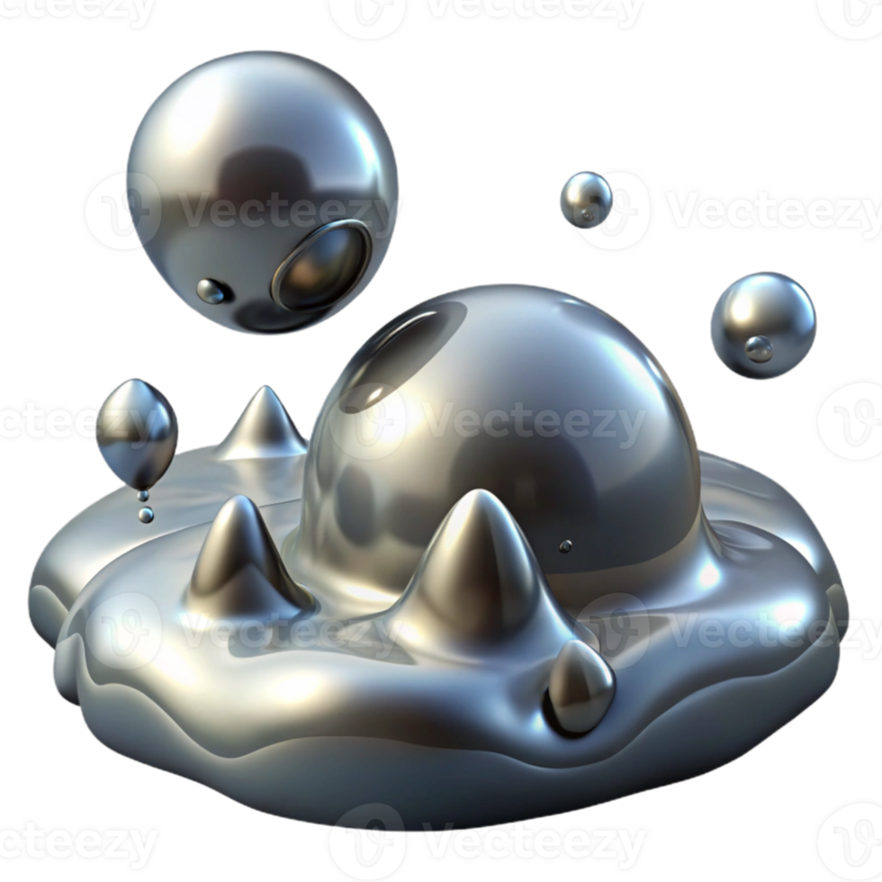 vibrant modern Liquid mercury droplets merging and separating, reflecting a distorted, otherworldly landscape, with a surreal, sci fi style and ambient lighting authentic png