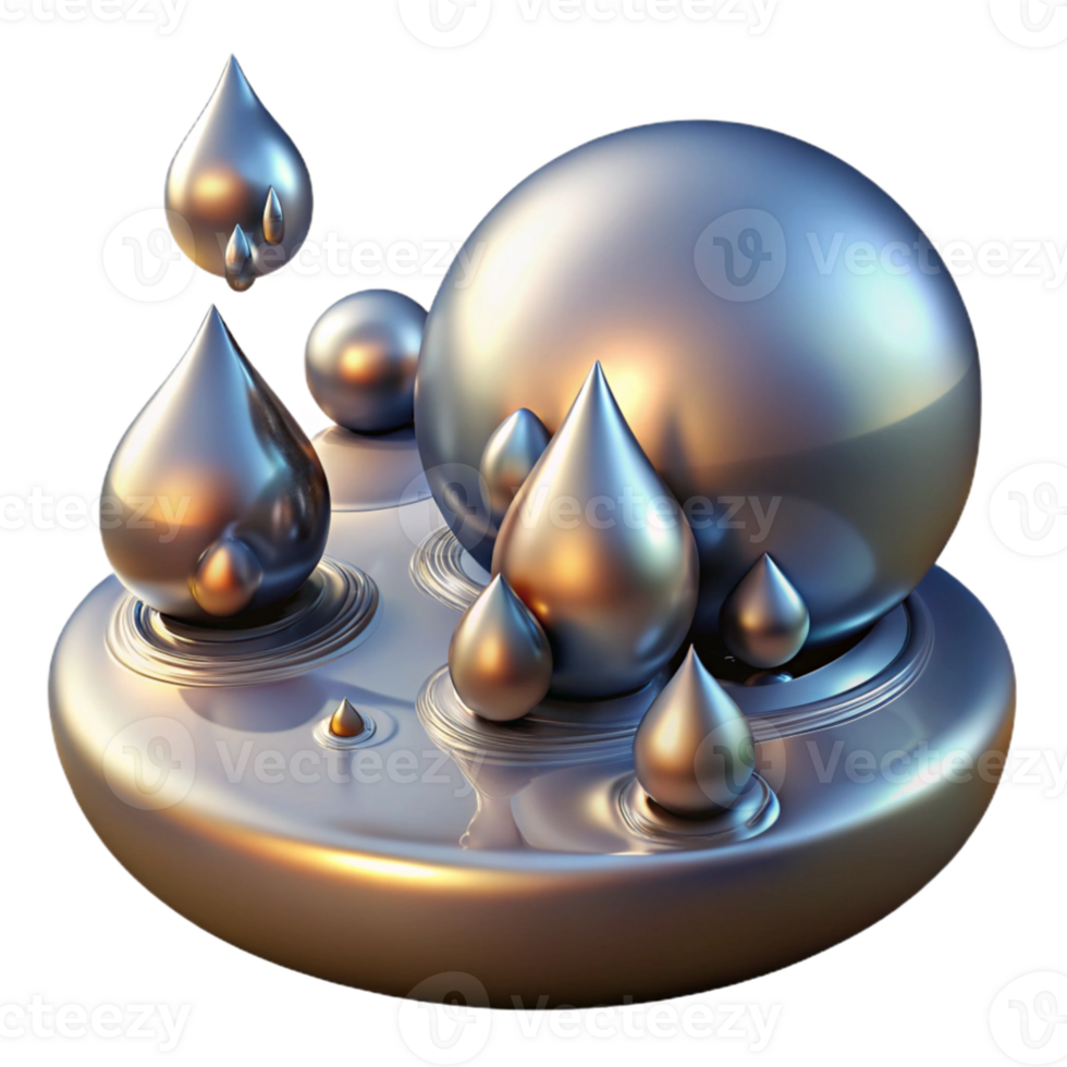 vibrant modern Liquid mercury droplets merging and separating, reflecting a distorted, otherworldly landscape, with a surreal, sci fi style and ambient lighting detailed png
