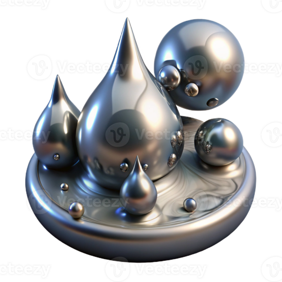 vibrant creative Liquid mercury droplets merging and separating, reflecting a distorted, otherworldly landscape, with a surreal, sci fi style and ambient lighting premium png