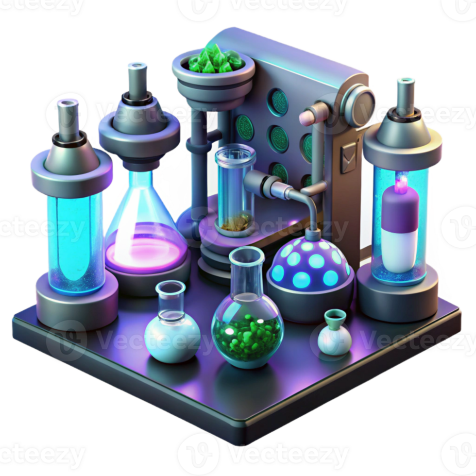 vibrant rustic A futuristic laboratory filled with bubbling vials, glowing screens, and strange alien specimens, lit by harsh, sterile fluorescent lights. Sci fi horror style, highly detailed original png