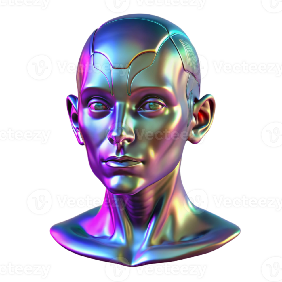 beautiful creative A holographic projection of a human face glitching and distorting, illuminated by harsh, flickering neon lights. Cyberpunk, dystopian style high quality png