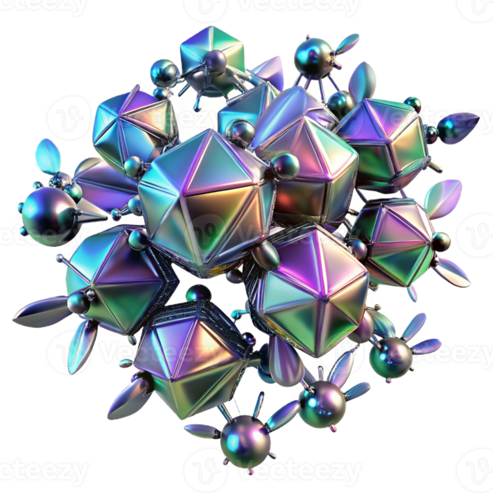 serene minimalist A swarm of nanobots forming complex, geometric patterns in mid air, illuminated by a shifting spectrum of iridescent light. Abstract, futuristic style high resolution png