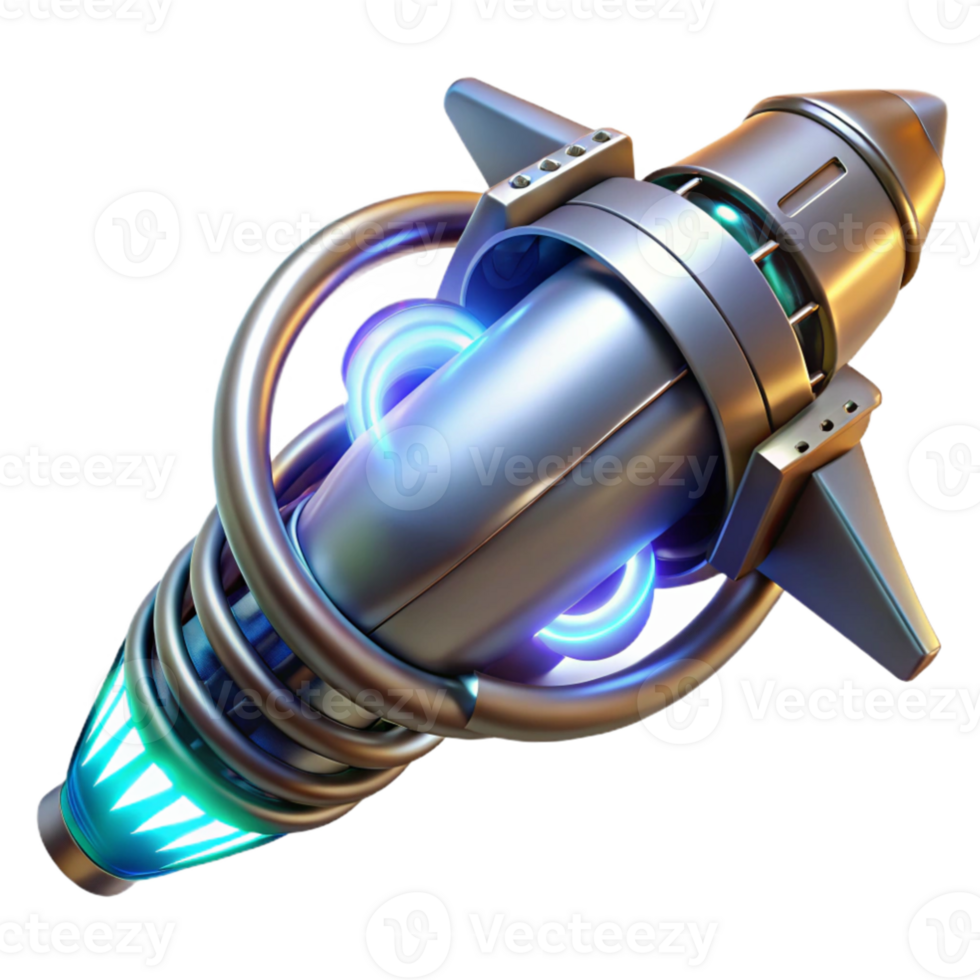 dramatic minimalist A futuristic weapon, sleek and metallic, with glowing energy coils, levitating in mid air. High tech, minimalist style genuine png