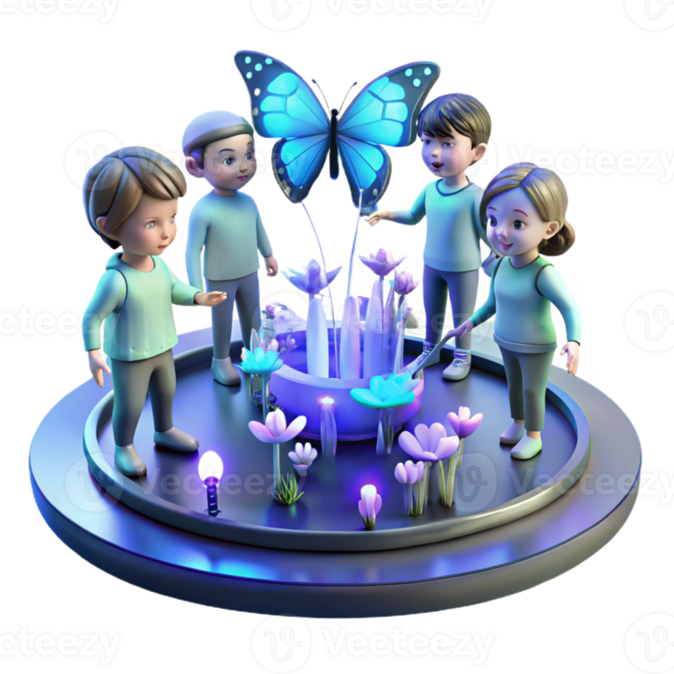 dramatic abstract A group of children playing with holographic butterflies in a futuristic park, illuminated by the soft glow of bioluminescent plants. Utopian, whimsical style high resolution png