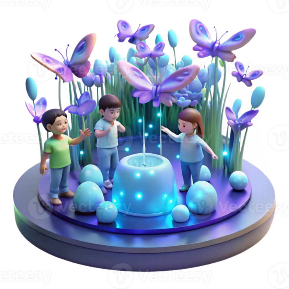 magnificent minimalist A group of children playing with holographic butterflies in a futuristic park, illuminated by the soft glow of bioluminescent plants. Utopian, whimsical style original png