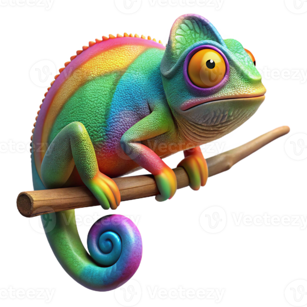 elegant contemporary A chameleon perched on a branch, its skin displaying vibrant rainbow colors, jungle foliage blurred in the background, bokeh effect, nature photography style high resolution png