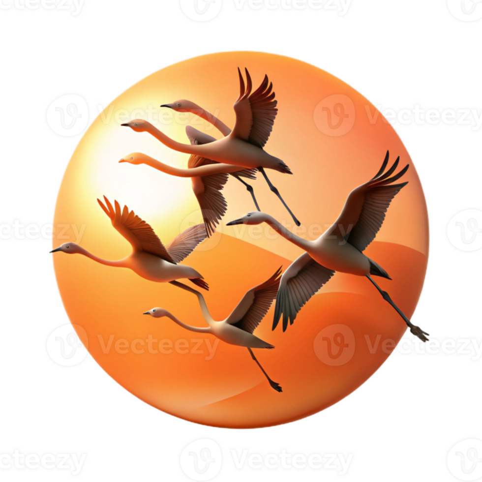 extraordinary traditional A flock of flamingos taking flight against a fiery sunset, silhouettes against the orange sky, minimalist and graphic design style 4K png