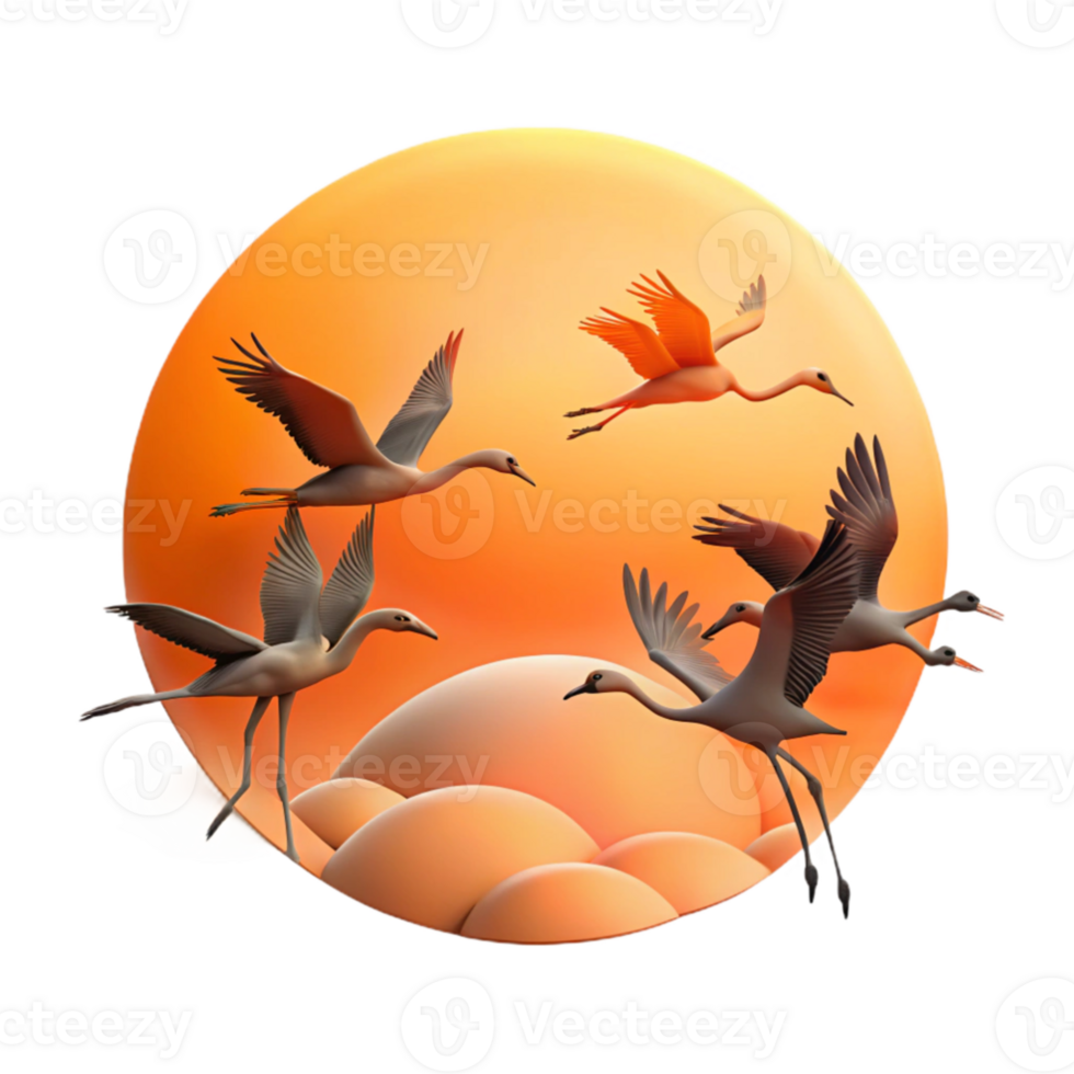 vibrant vintage A flock of flamingos taking flight against a fiery sunset, silhouettes against the orange sky, minimalist and graphic design style 4K png